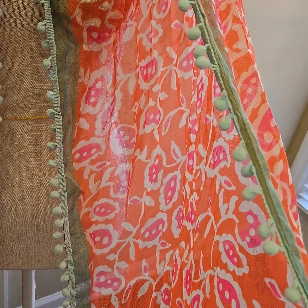 Candies Orange Pink Mint Sage Green Aqua Floral Scarf pompoms 68x18